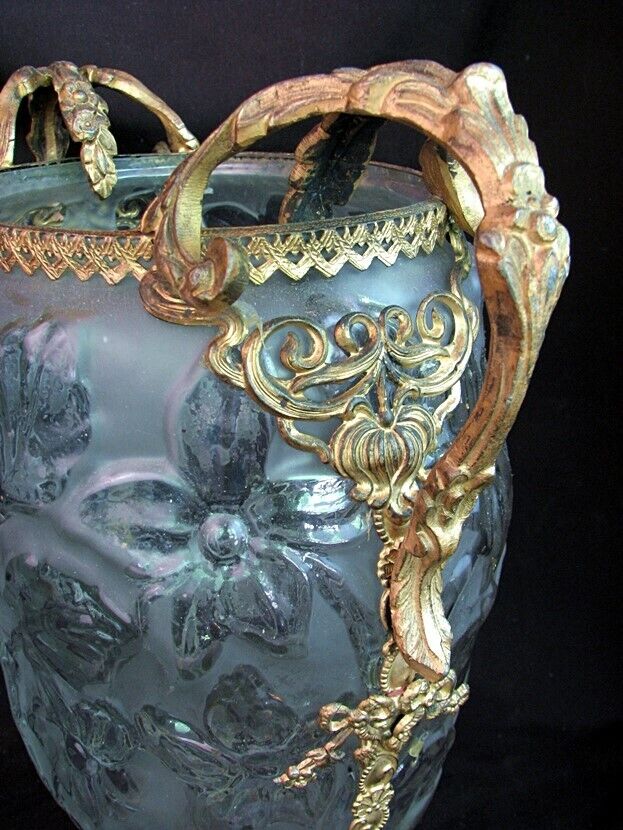 FRENCH CENTERPIECE VASE ART NOUVEAU *GLASS w ORMOLU MOUNTS c.1900
