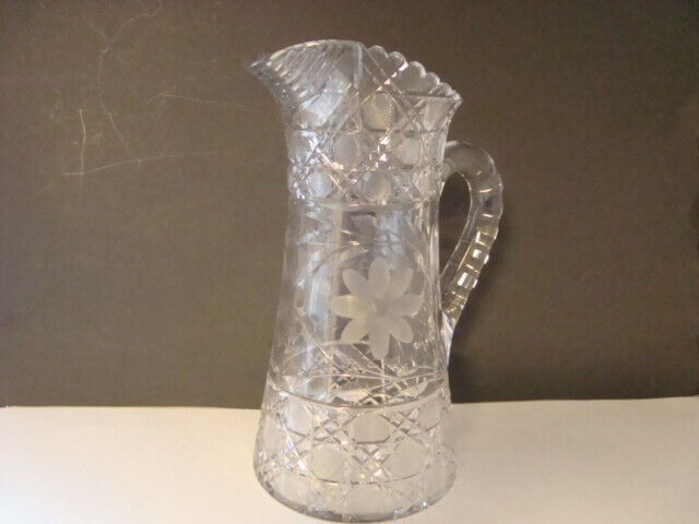 ANTIQUE AMERICAN BRILLIANT ABP FLORAL/DAISY CUT GLASS PITCHER 10 1/2 INCH 1900'S