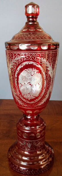 Lobmyer Ruby Cut To Clear Lidded Candy Dish-15"+ Compote 1900's Perfect