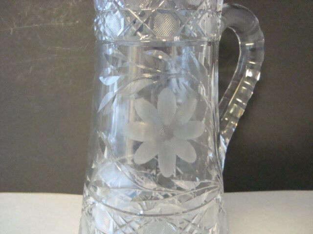 ANTIQUE AMERICAN BRILLIANT ABP FLORAL/DAISY CUT GLASS PITCHER 10 1/2 INCH 1900'S