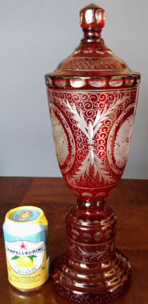 Lobmyer Ruby Cut To Clear Lidded Candy Dish-15"+ Compote 1900's Perfect