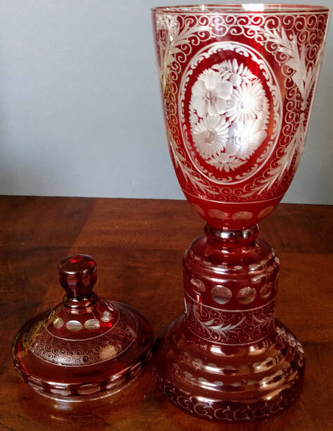 Lobmyer Ruby Cut To Clear Lidded Candy Dish-15"+ Compote 1900's Perfect