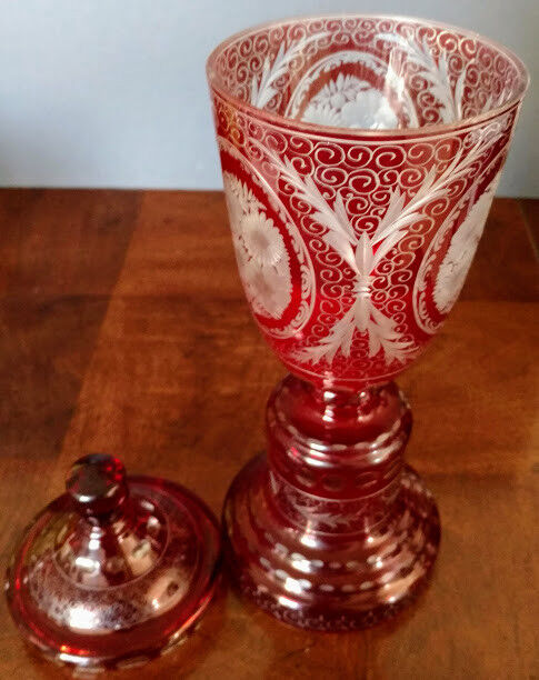 Lobmyer Ruby Cut To Clear Lidded Candy Dish-15"+ Compote 1900's Perfect