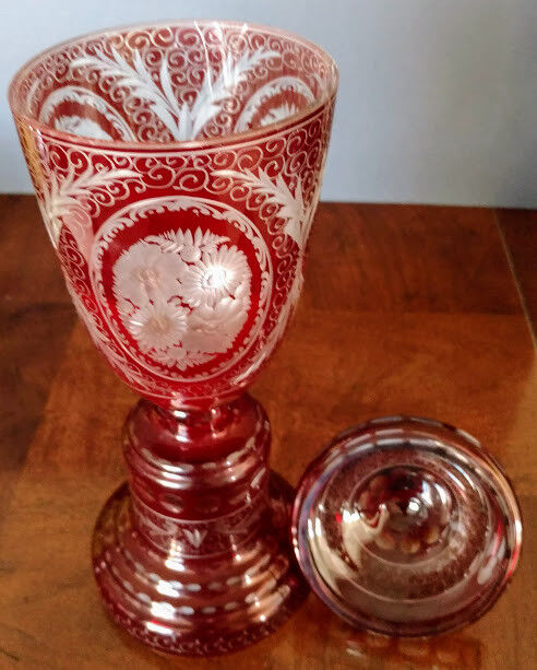 Lobmyer Ruby Cut To Clear Lidded Candy Dish-15"+ Compote 1900's Perfect