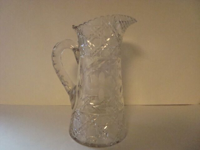 ANTIQUE AMERICAN BRILLIANT ABP FLORAL/DAISY CUT GLASS PITCHER 10 1/2 INCH 1900'S