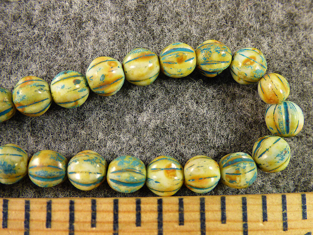 (10) Huron Indian Turquoise Color Melon Glass Indian Trade Beads Fur Trade 1800s
