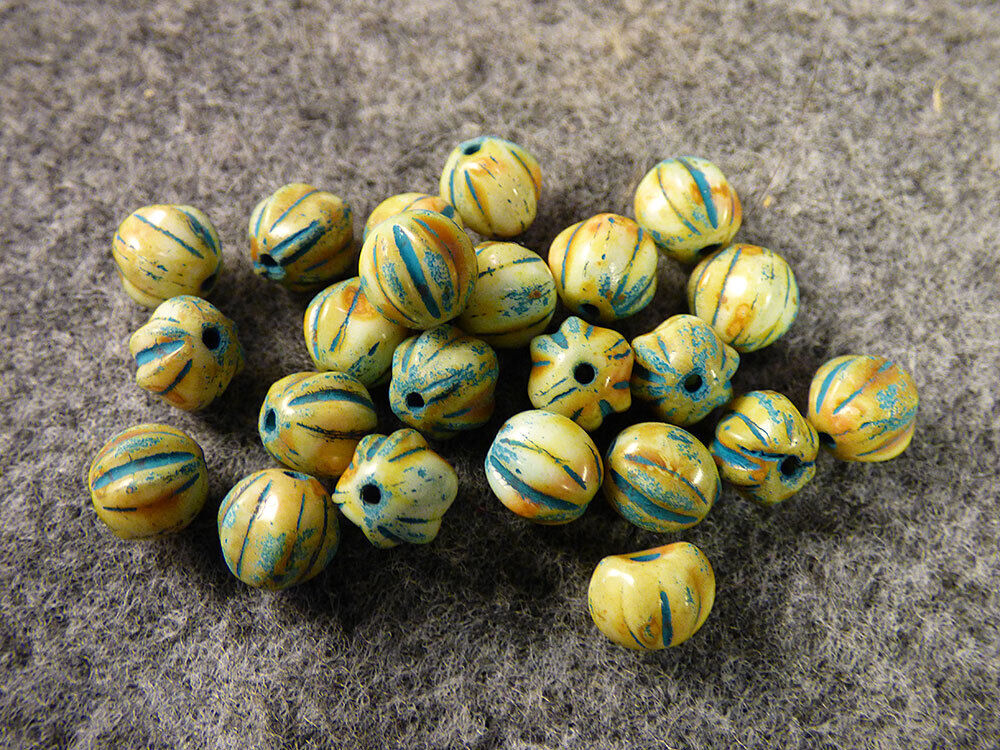 (10) Huron Indian Turquoise Color Melon Glass Indian Trade Beads Fur Trade 1800s