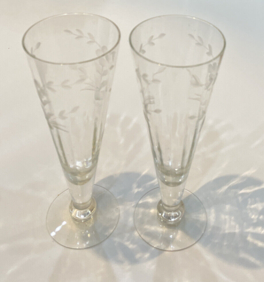 2 Tall Vintage 1900's Daisy Etched Crystal Sherbet/Champagne Goblet -Excellent
