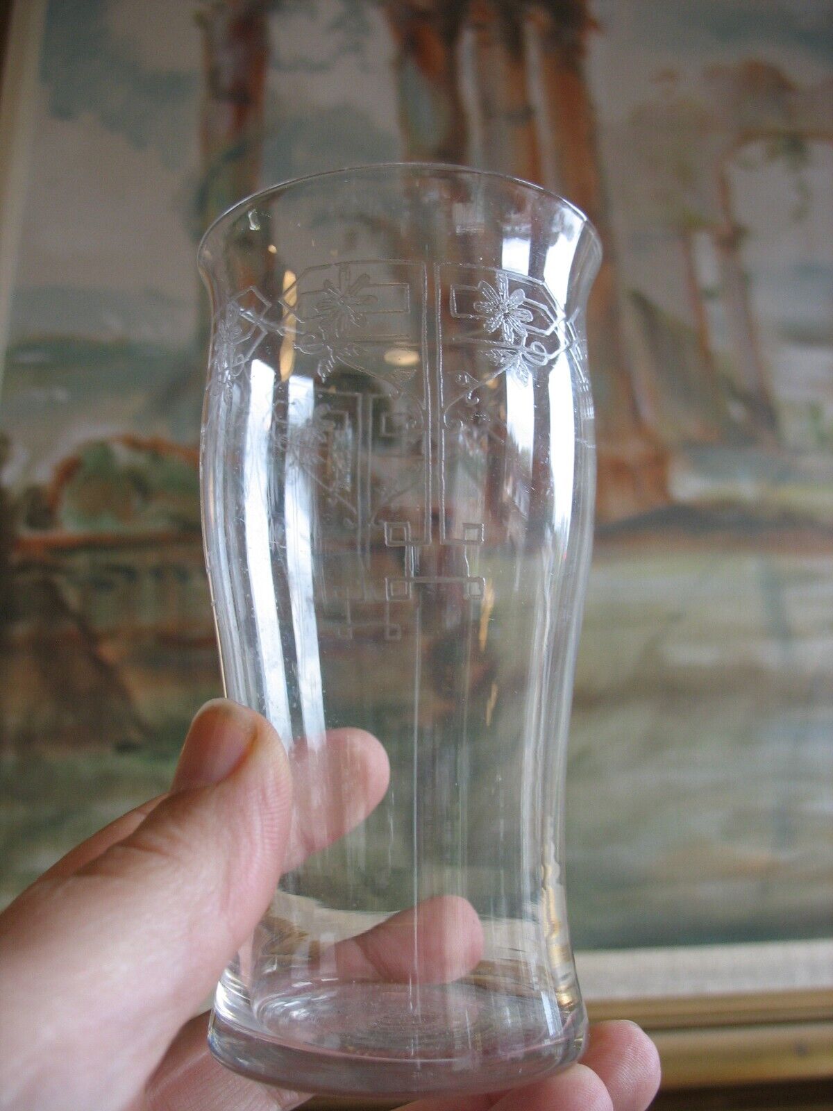 early 1900s 4 3/4" glass tumbler crystal etched Arts n Crafts Tiffin? Barware