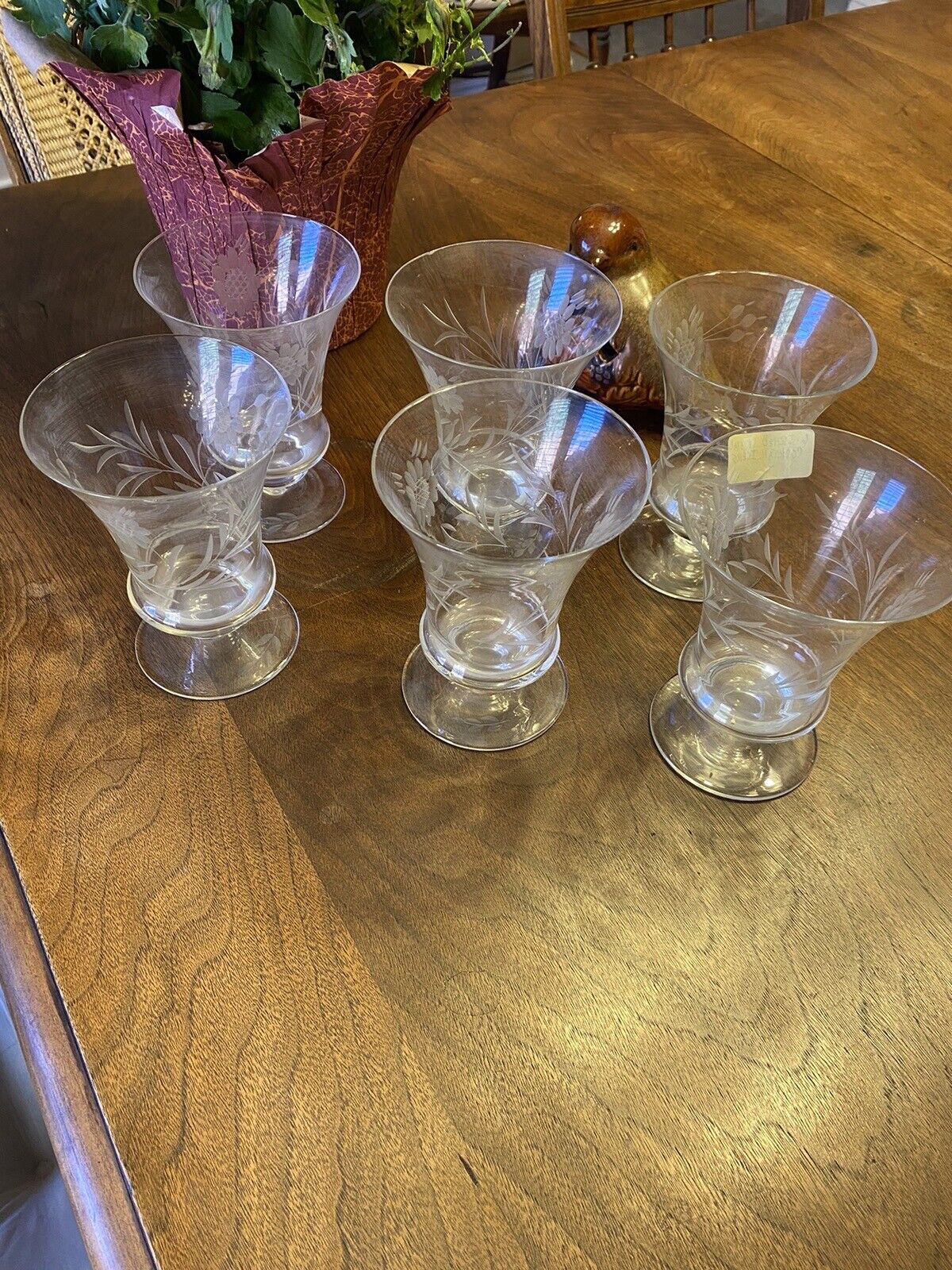 Set Of 6 Etched Goblet Glass 5.5” Tall Antique Mid 1900s