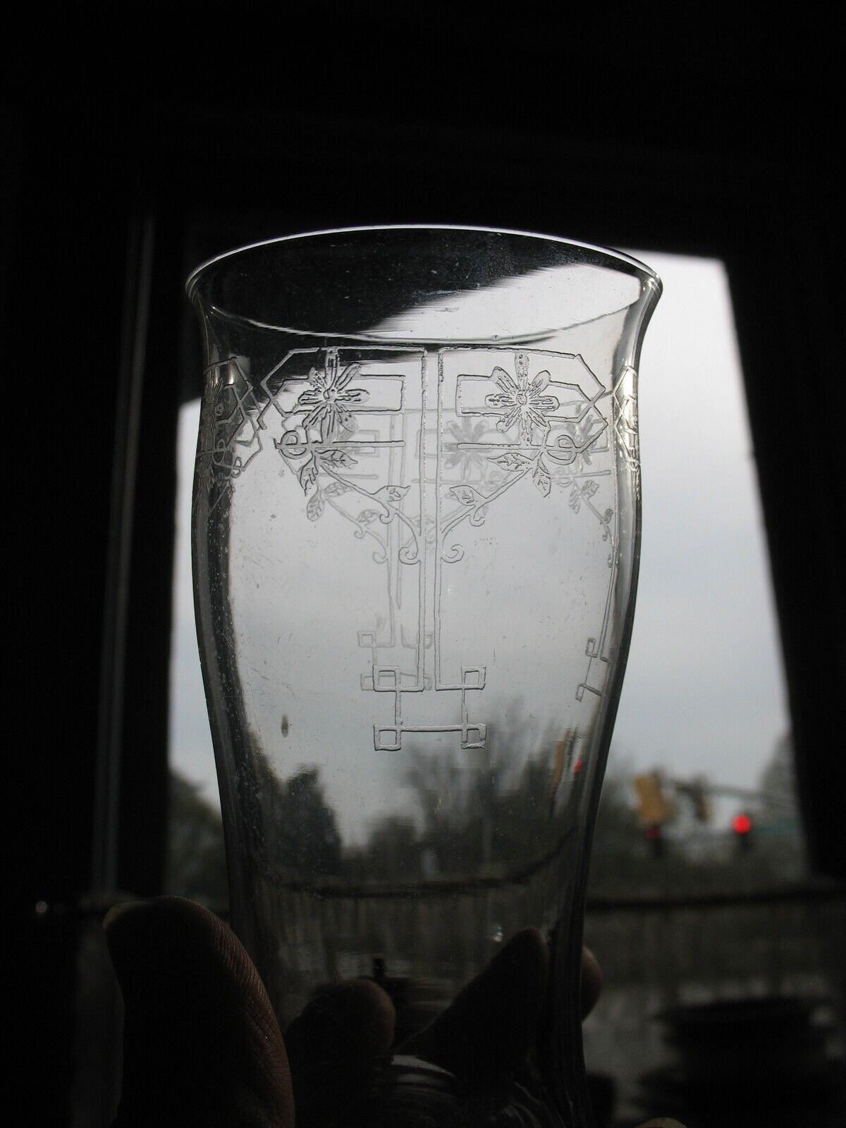 early 1900s 4 3/4"  glass tumbler crystal etched Arts n Crafts Tiffin? Barware