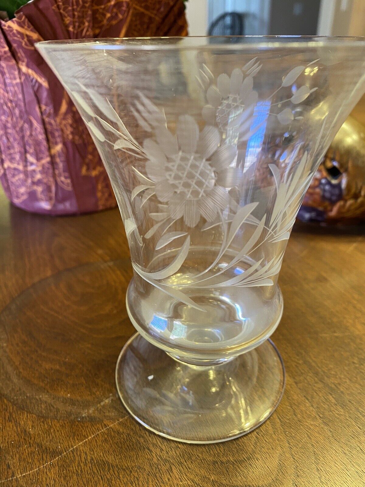 Set Of 6 Etched Goblet Glass 5.5” Tall Antique Mid 1900s