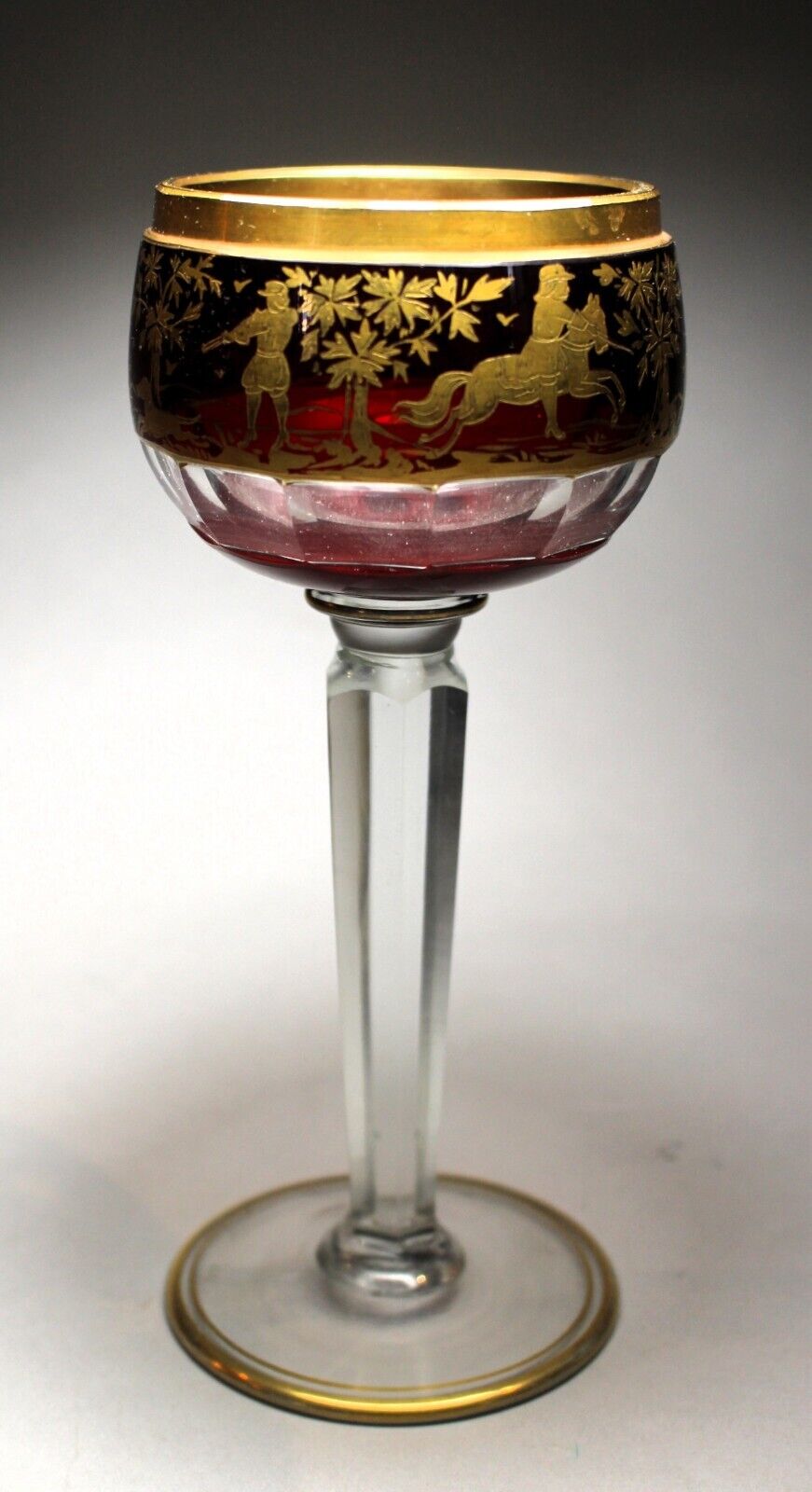 Bohemian Case Cut Ruby to Clear Hock Glass with Raised Gilded Hunt Scenes c.1900