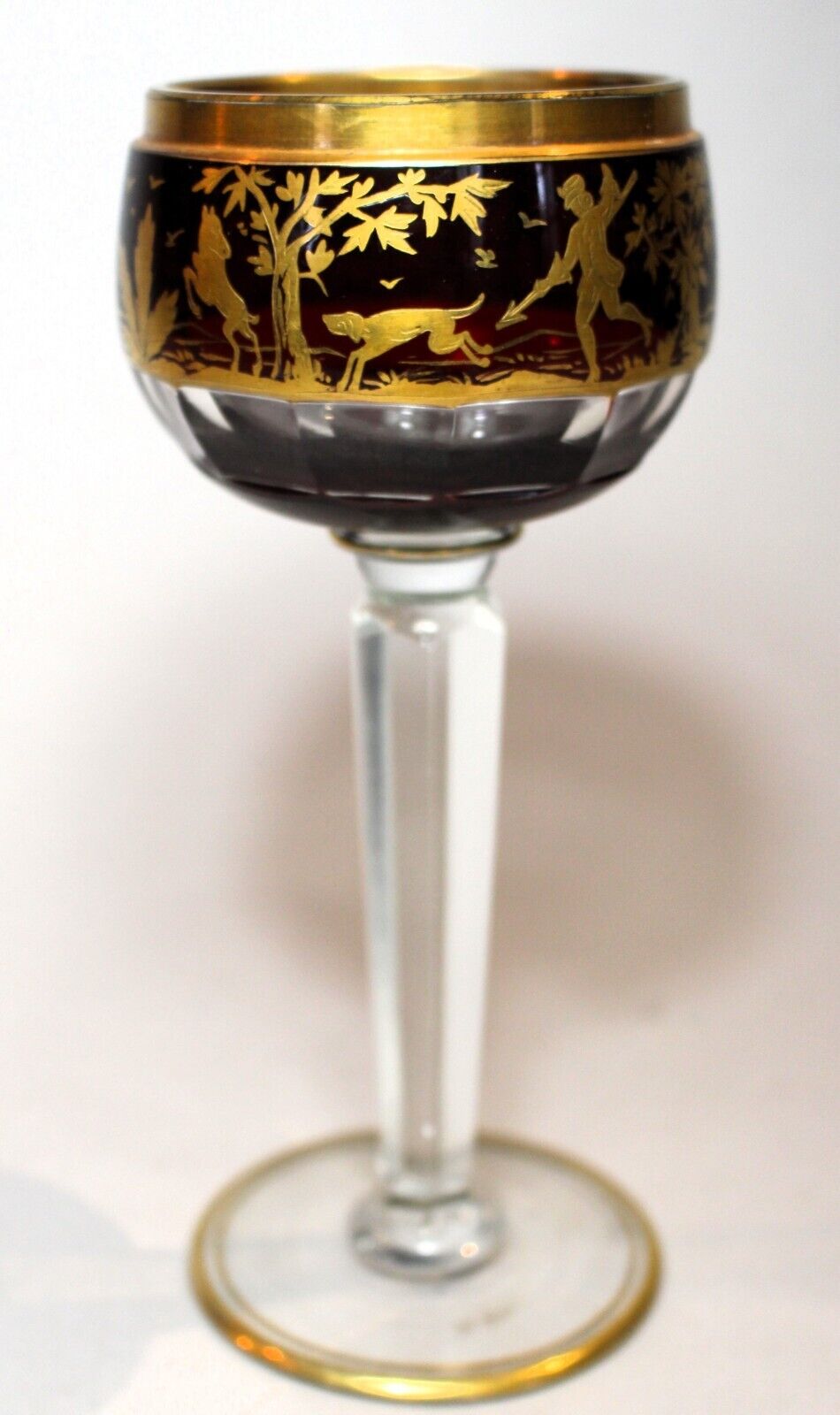 Bohemian Case Cut Ruby to Clear Hock Glass with Raised Gilded Hunt Scenes c.1900
