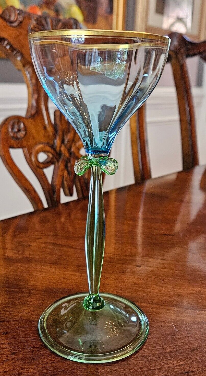 Theresienthal Moser Flower Goblet Blue Green Gold Ribbed Stem Signed