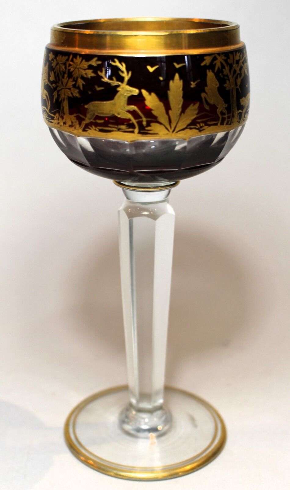 Bohemian Case Cut Ruby to Clear Hock Glass with Raised Gilded Hunt Scenes c.1900
