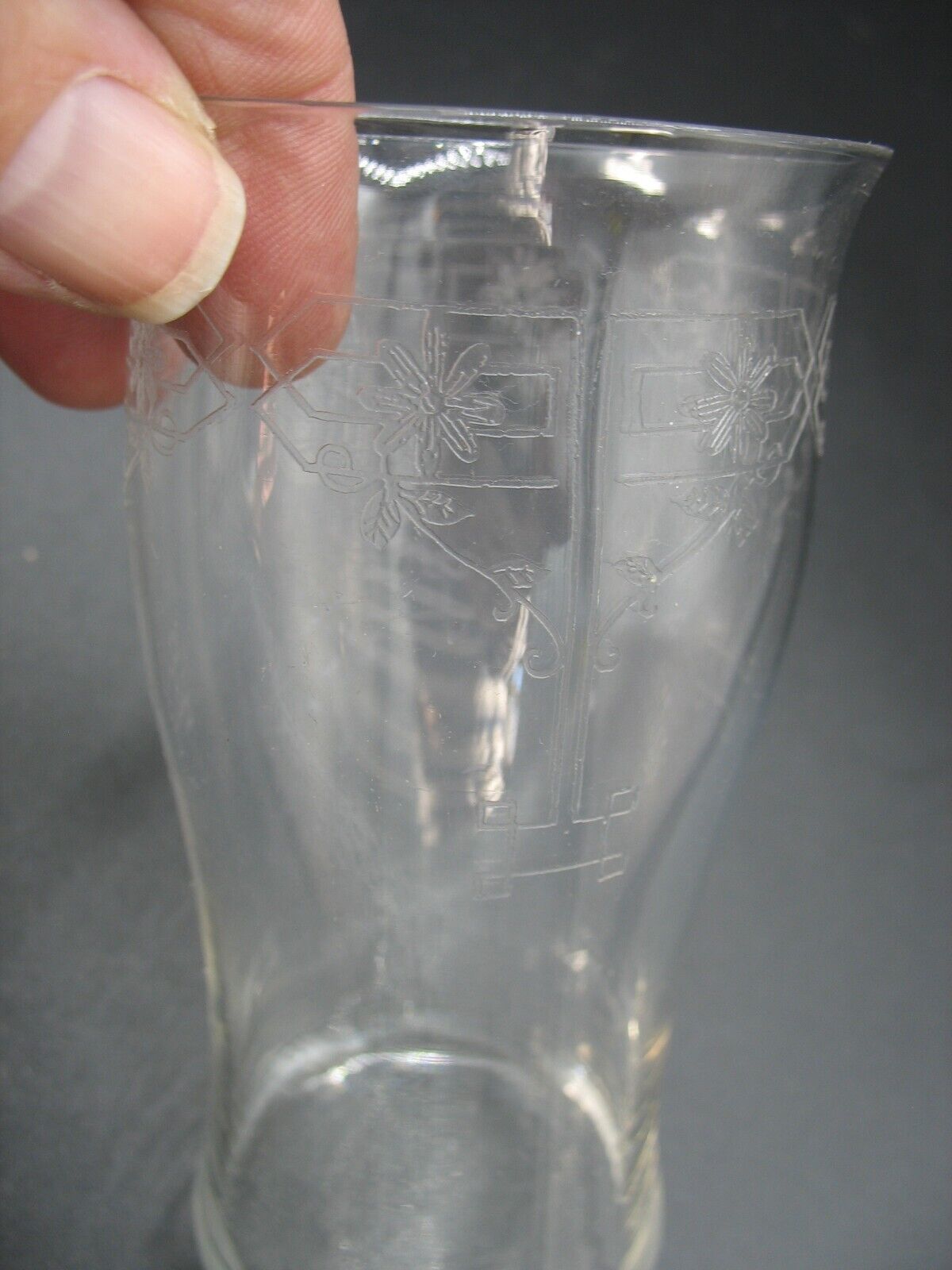early 1900s 4 3/4"  glass tumbler crystal etched Arts n Crafts Tiffin? Barware
