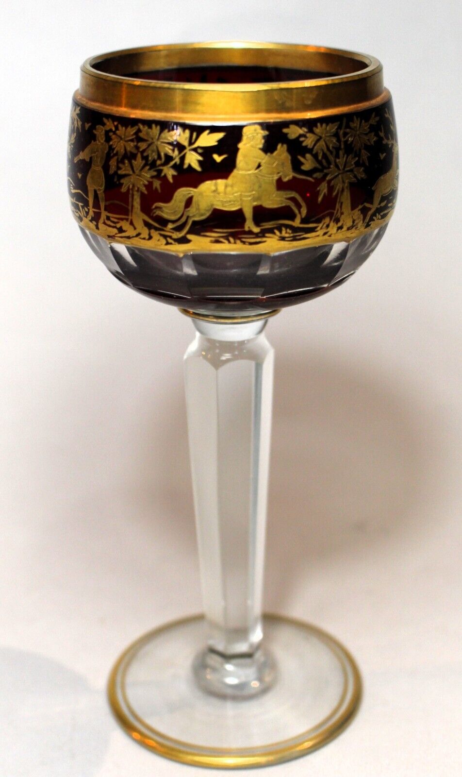 Bohemian Case Cut Ruby to Clear Hock Glass with Raised Gilded Hunt Scenes c.1900