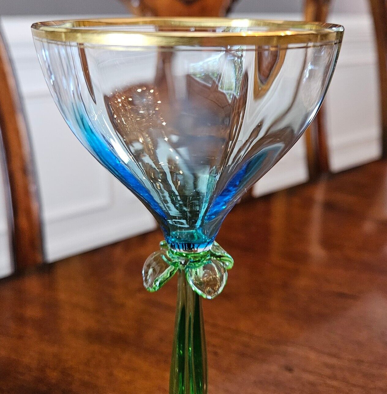 Theresienthal Moser Flower Goblet Blue Green Gold Ribbed Stem Signed