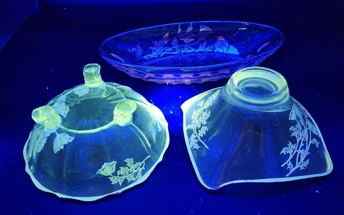 Early 1900's VTG Pressed Glass Candy Dishes 3, Silver Overlay Poppies Glows!