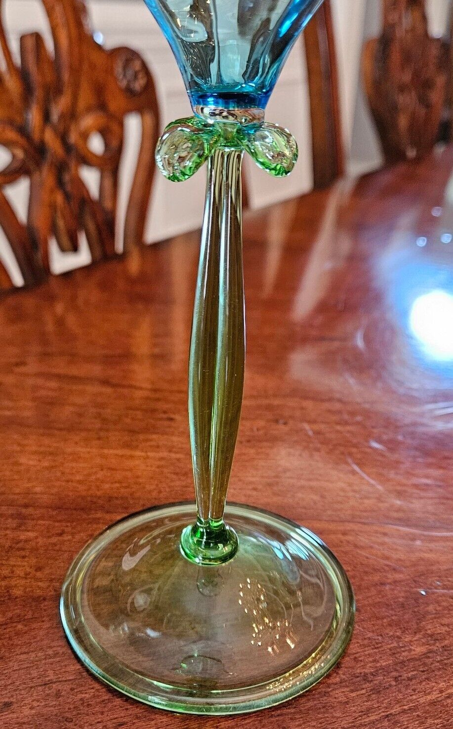 Theresienthal Moser Flower Goblet Blue Green Gold Ribbed Stem Signed