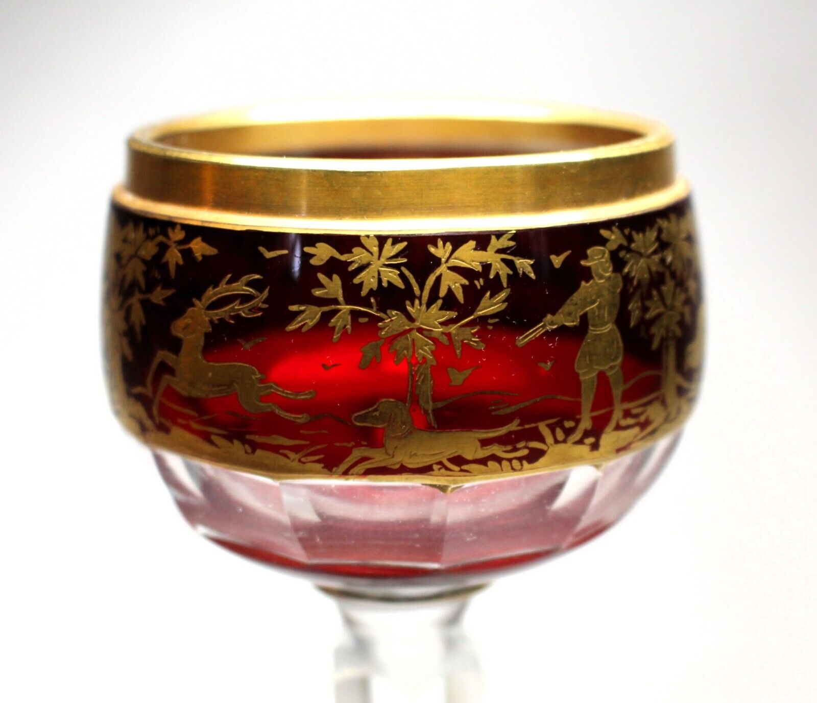 Bohemian Case Cut Ruby to Clear Hock Glass with Raised Gilded Hunt Scenes c.1900