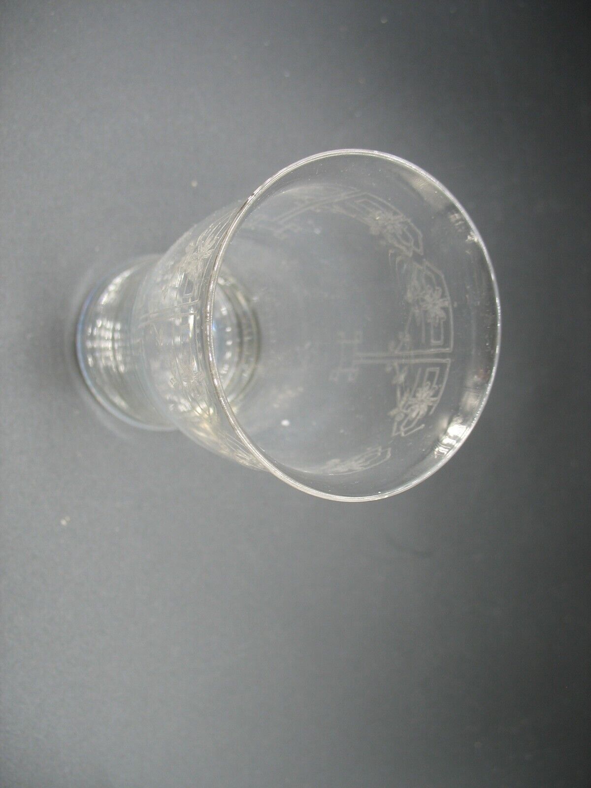 early 1900s 4 3/4"  glass tumbler crystal etched Arts n Crafts Tiffin? Barware