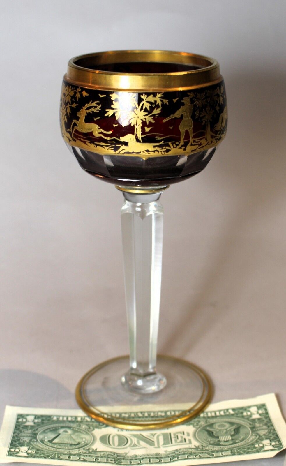 Bohemian Case Cut Ruby to Clear Hock Glass with Raised Gilded Hunt Scenes c.1900