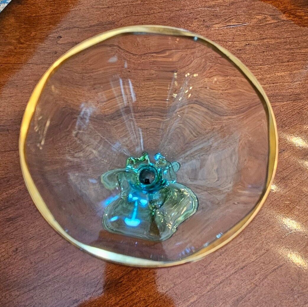 Theresienthal Moser Flower Goblet Blue Green Gold Ribbed Stem Signed