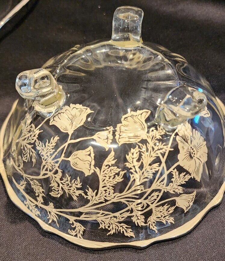 Early 1900's VTG Pressed Glass Candy Dishes 3, Silver Overlay Poppies Glows! 