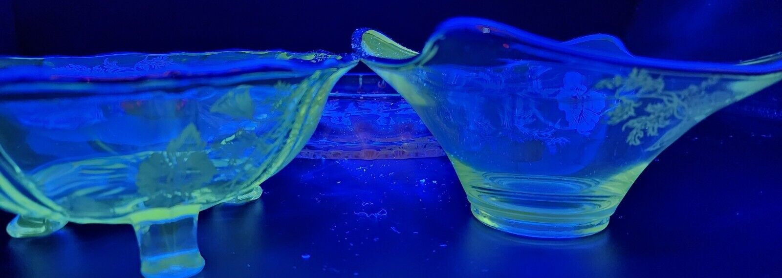 Early 1900's VTG Pressed Glass Candy Dishes 3, Silver Overlay Poppies Glows! 