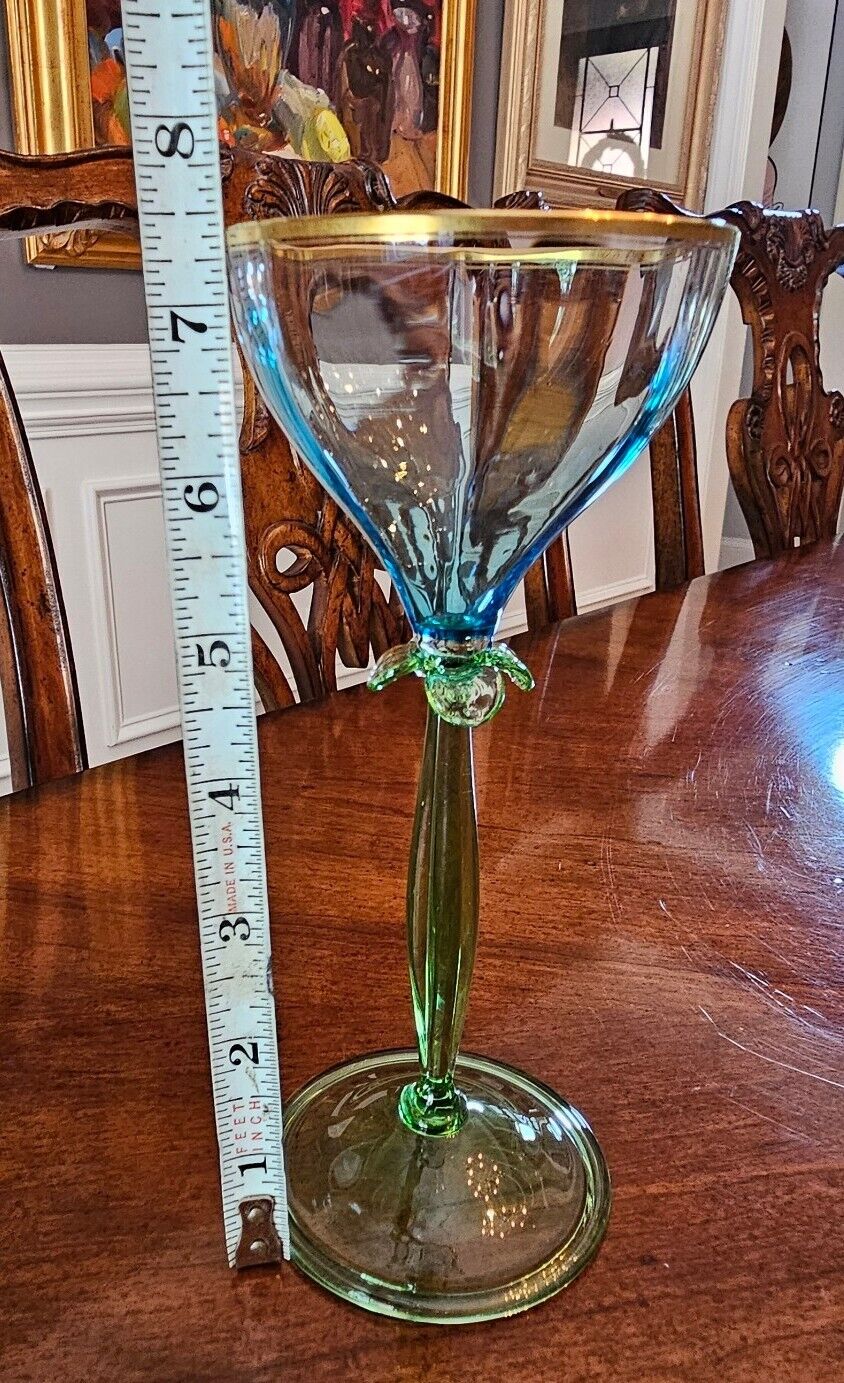 Theresienthal Moser Flower Goblet Blue Green Gold Ribbed Stem Signed