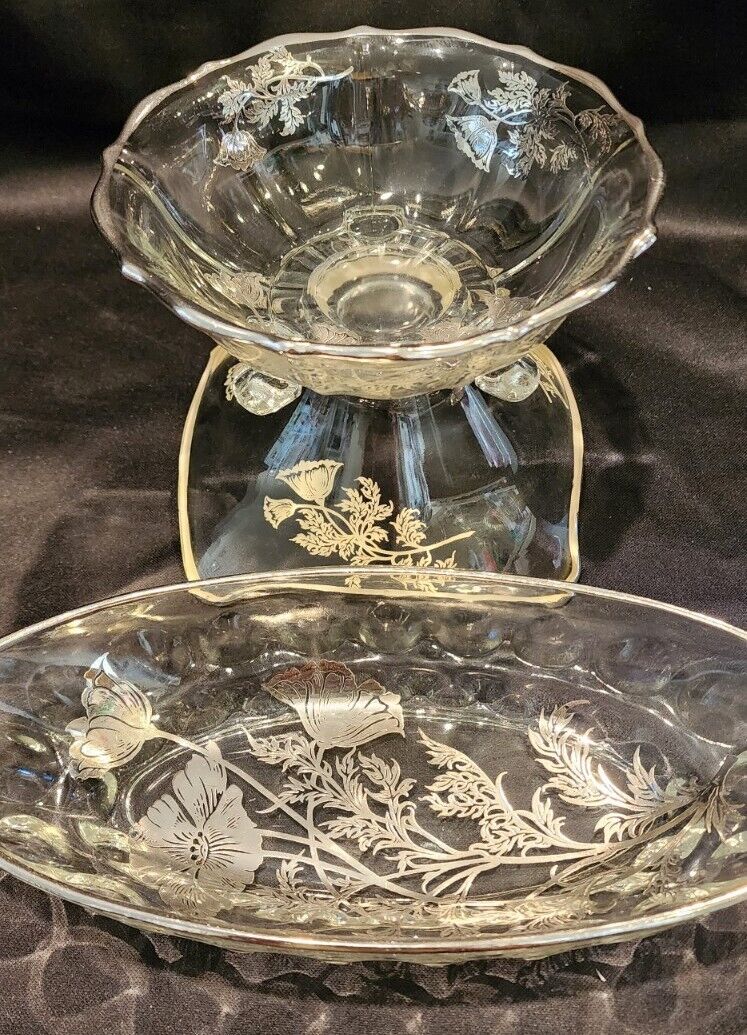 Early 1900's VTG Pressed Glass Candy Dishes 3, Silver Overlay Poppies Glows! 