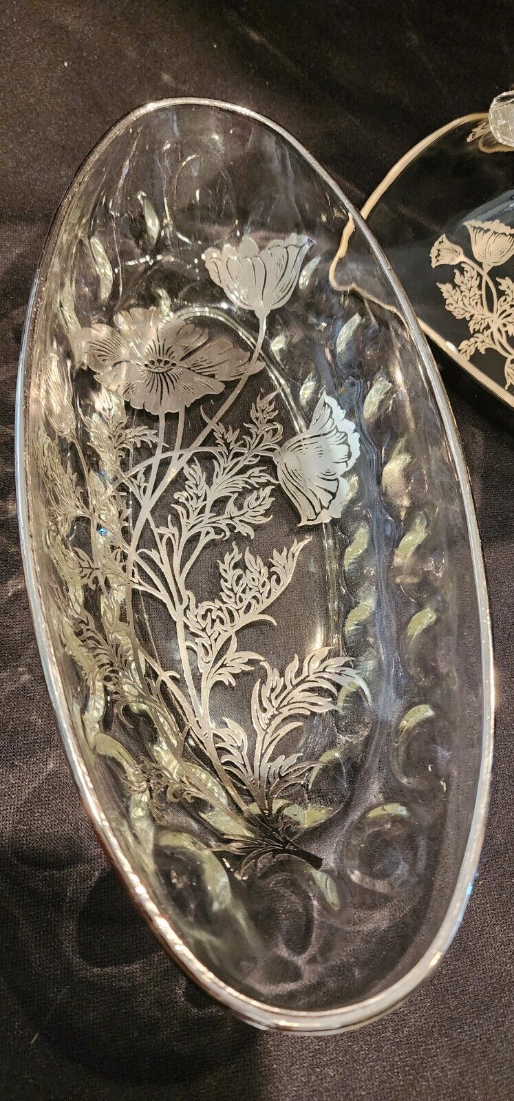Early 1900's VTG Pressed Glass Candy Dishes 3, Silver Overlay Poppies Glows! 
