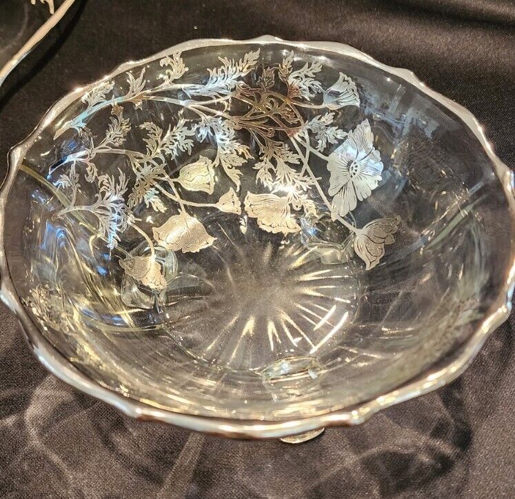 Early 1900's VTG Pressed Glass Candy Dishes 3, Silver Overlay Poppies Glows! 