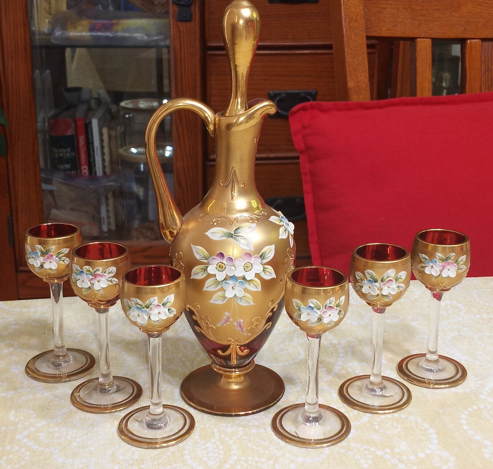 antique Bohemian Glass Cranberry wine set circa 1900s. Perfect condition