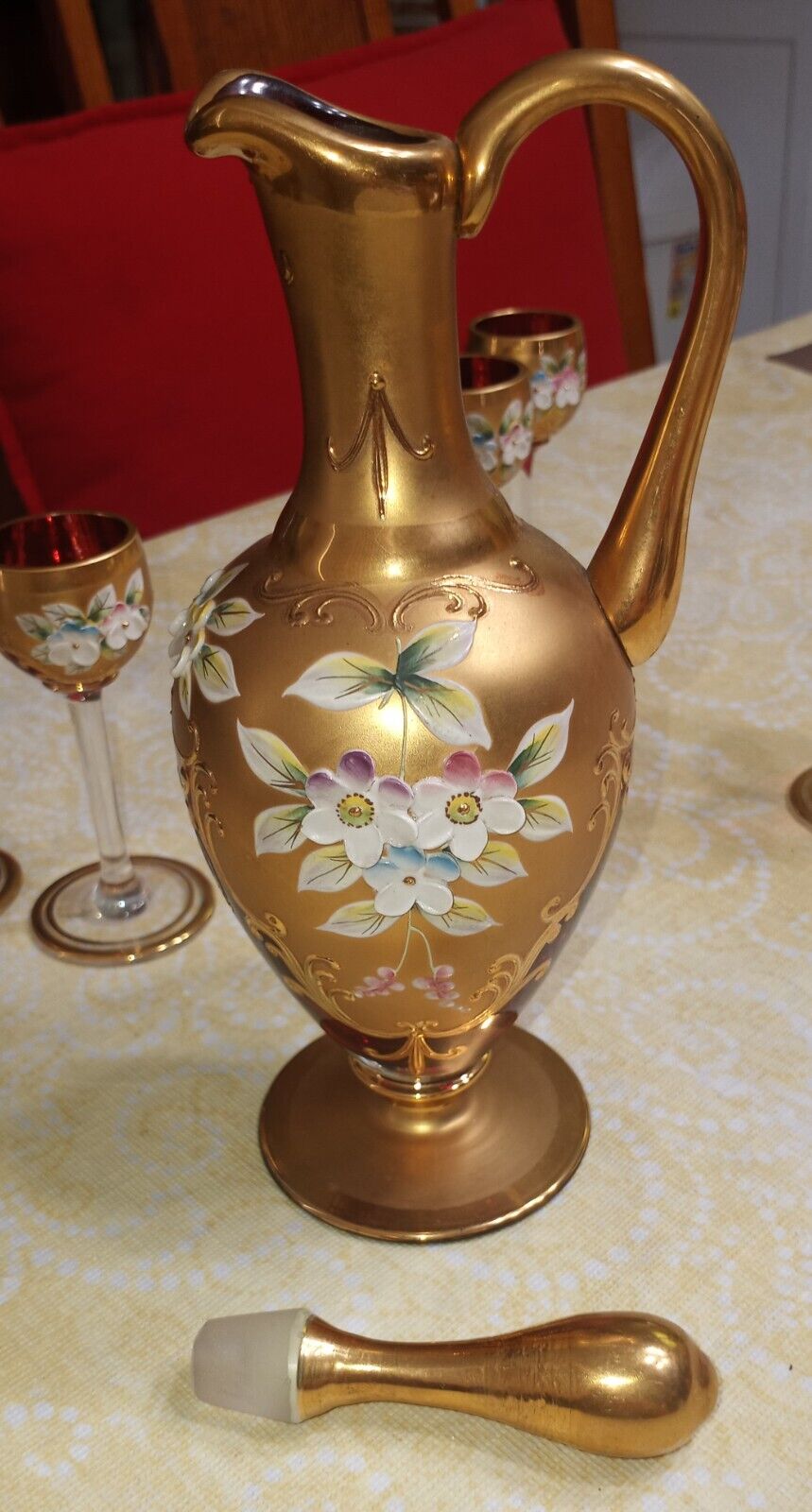 antique Bohemian Glass Cranberry wine set circa 1900s. Perfect condition