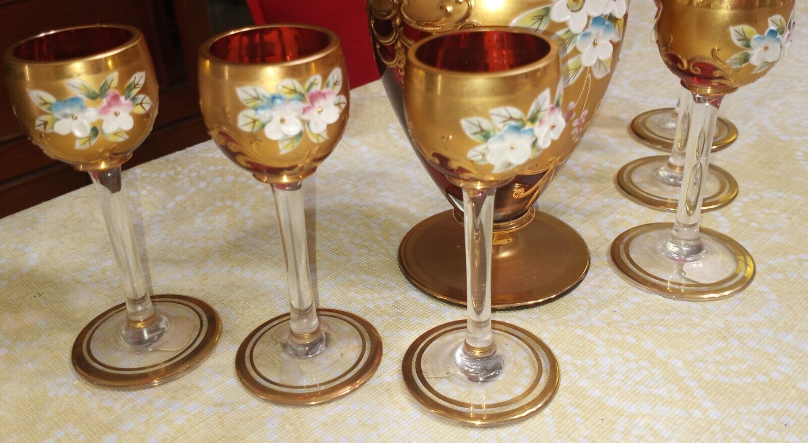 antique Bohemian Glass Cranberry wine set circa 1900s. Perfect condition