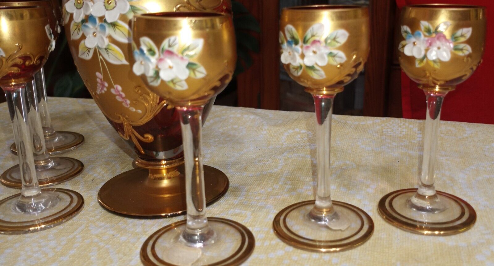 antique Bohemian Glass Cranberry wine set circa 1900s. Perfect condition