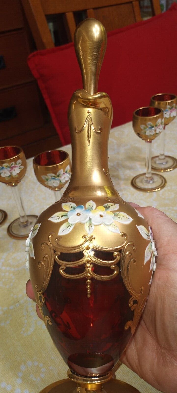 antique Bohemian Glass Cranberry wine set circa 1900s. Perfect condition