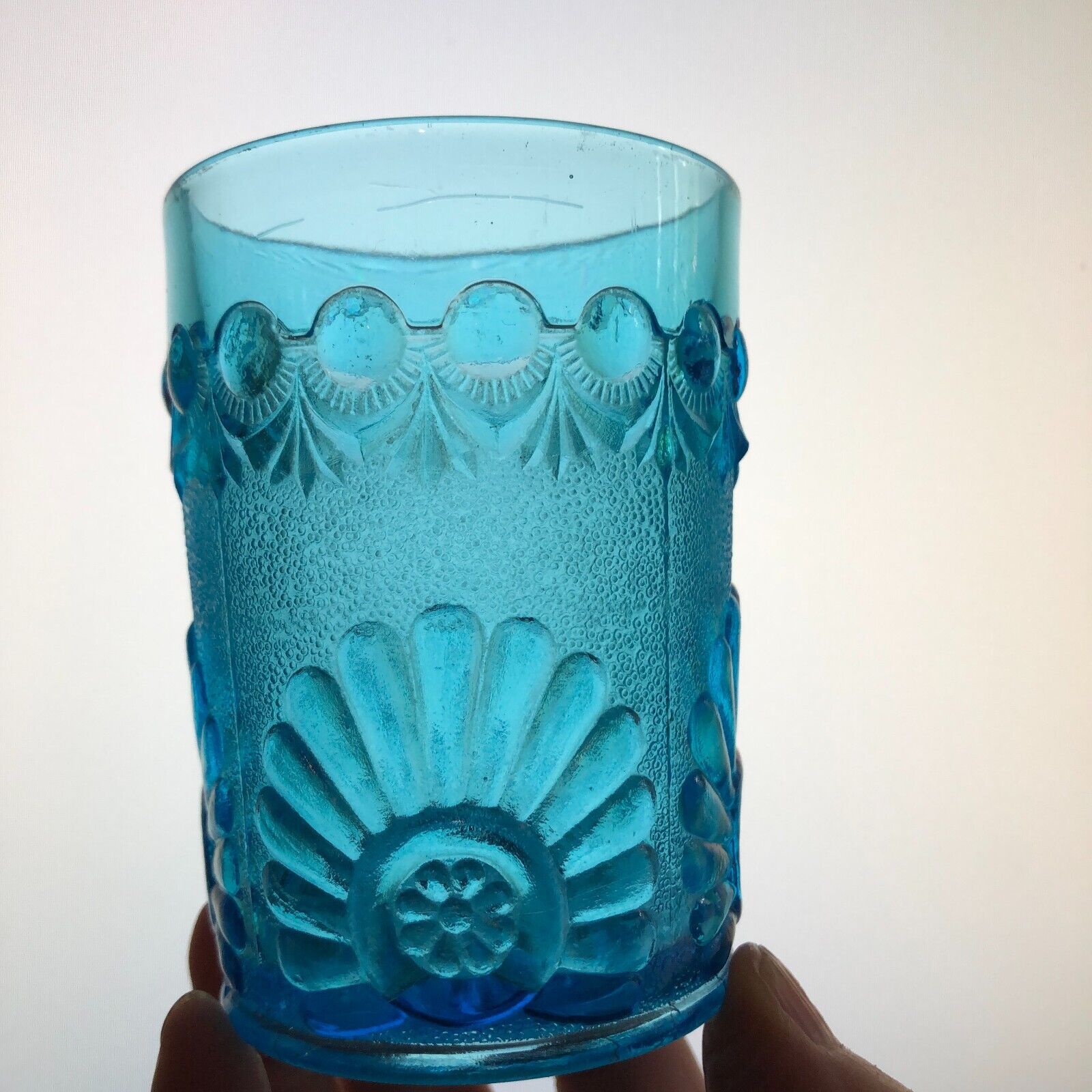 Shell and Jewel Flat Tumbler 3.75" Sapphire Blue Westmoreland Late 1800's