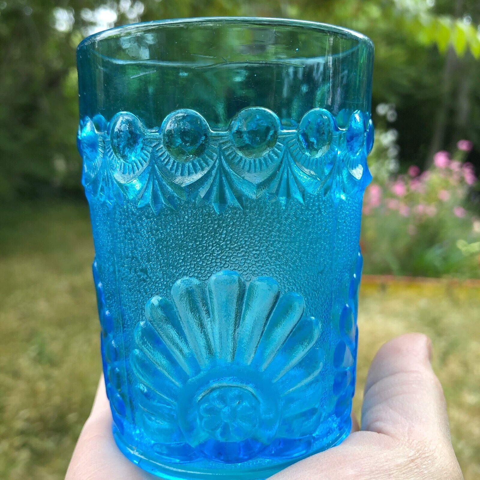 Shell and Jewel Flat Tumbler 3.75" Sapphire Blue Westmoreland Late 1800's