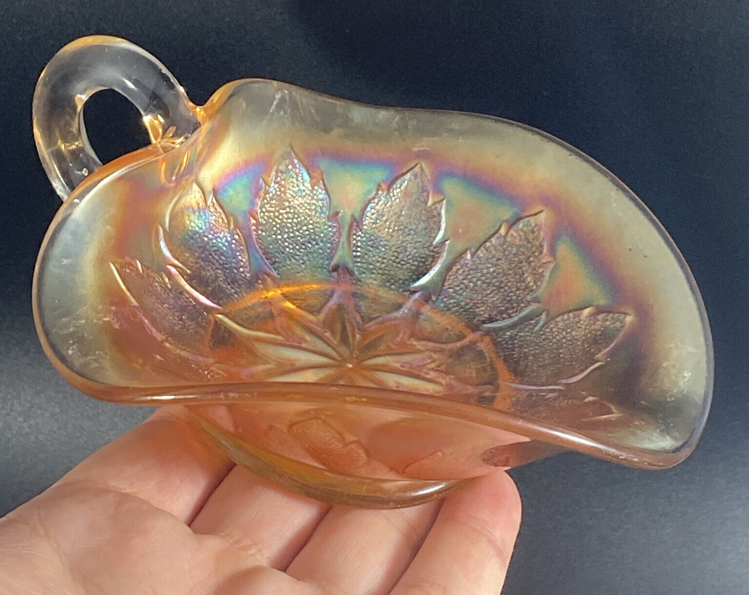 Vtg Dugan Marigold Carnival Glass Windflower Sauce Gravy Boat Early 1900's