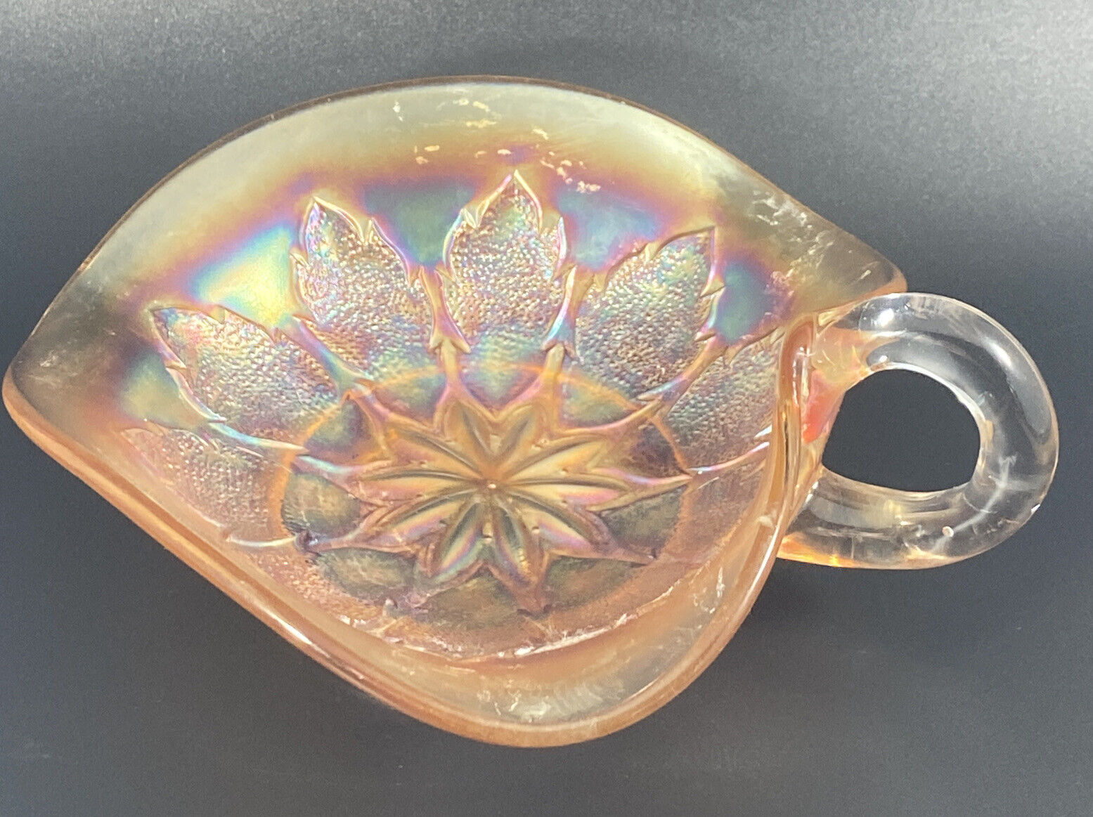 Vtg Dugan Marigold Carnival Glass Windflower Sauce Gravy Boat Early 1900's
