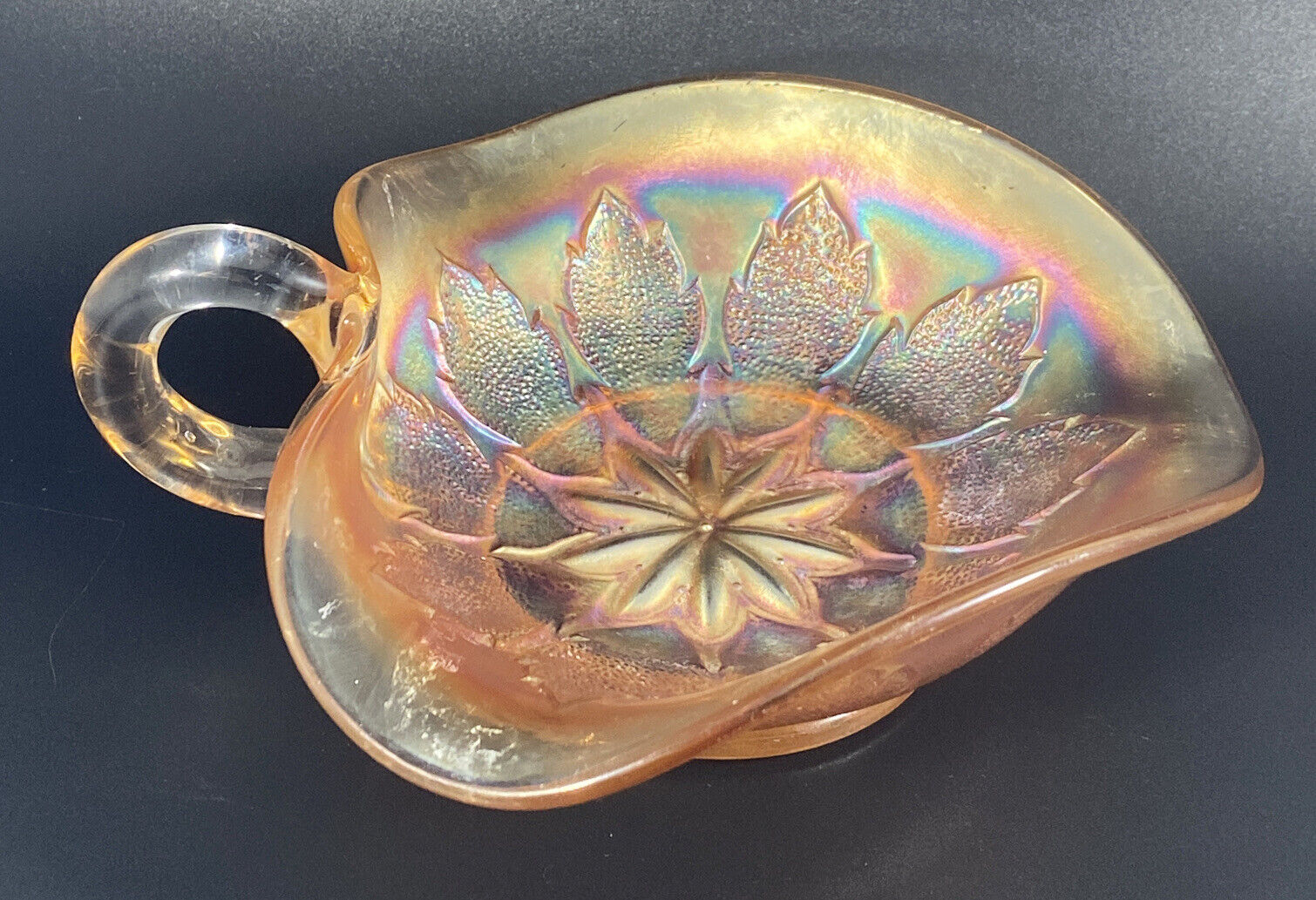 Vtg Dugan Marigold Carnival Glass Windflower Sauce Gravy Boat Early 1900's