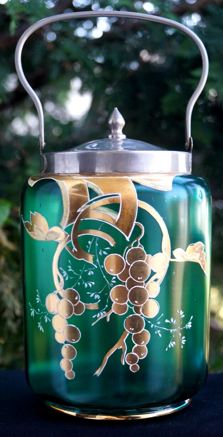 Antique 1900 Victorian Art Nouveau Art Glass Green Biscuit Jar / Pickle Castor