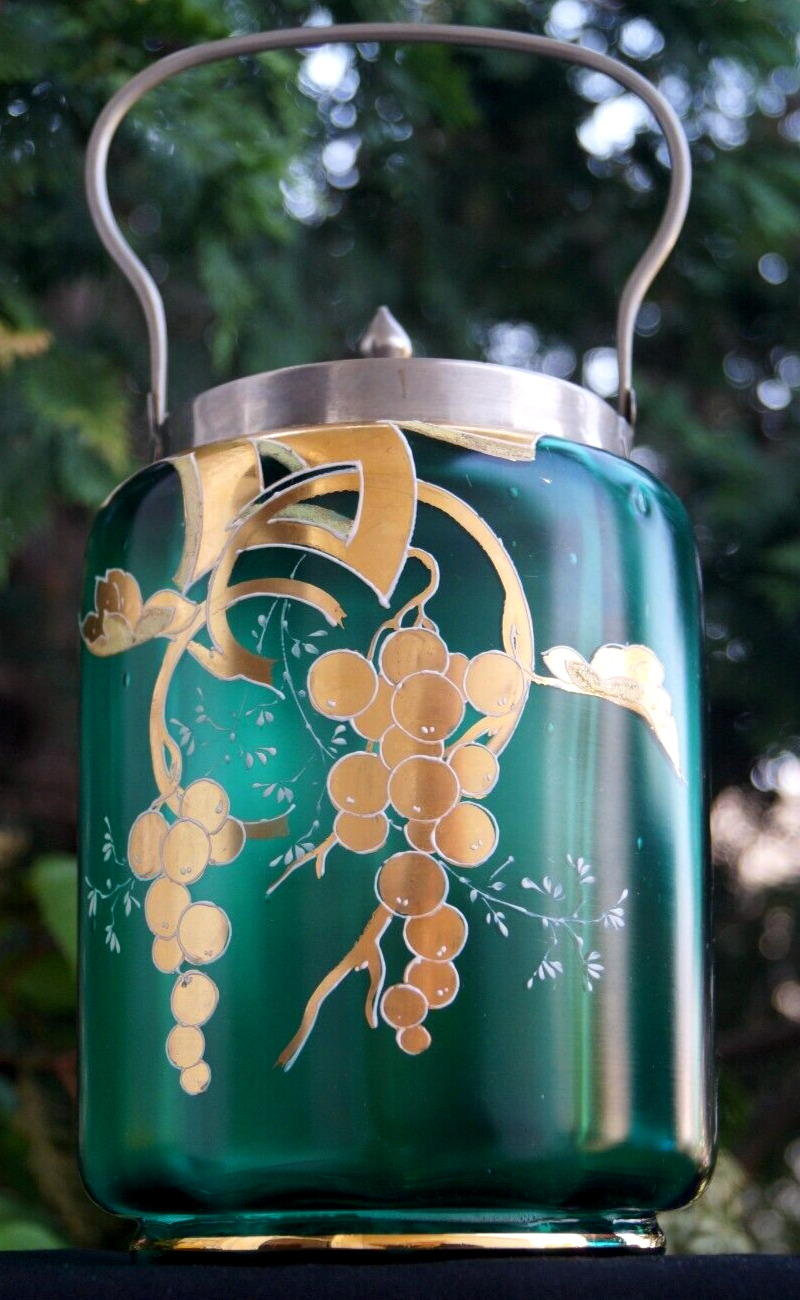 Antique 1900 Victorian Art Nouveau Art Glass Green Biscuit Jar / Pickle Castor