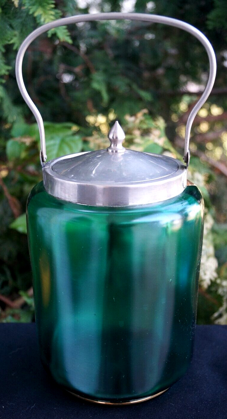 Antique 1900 Victorian Art Nouveau Art Glass Green Biscuit Jar / Pickle Castor