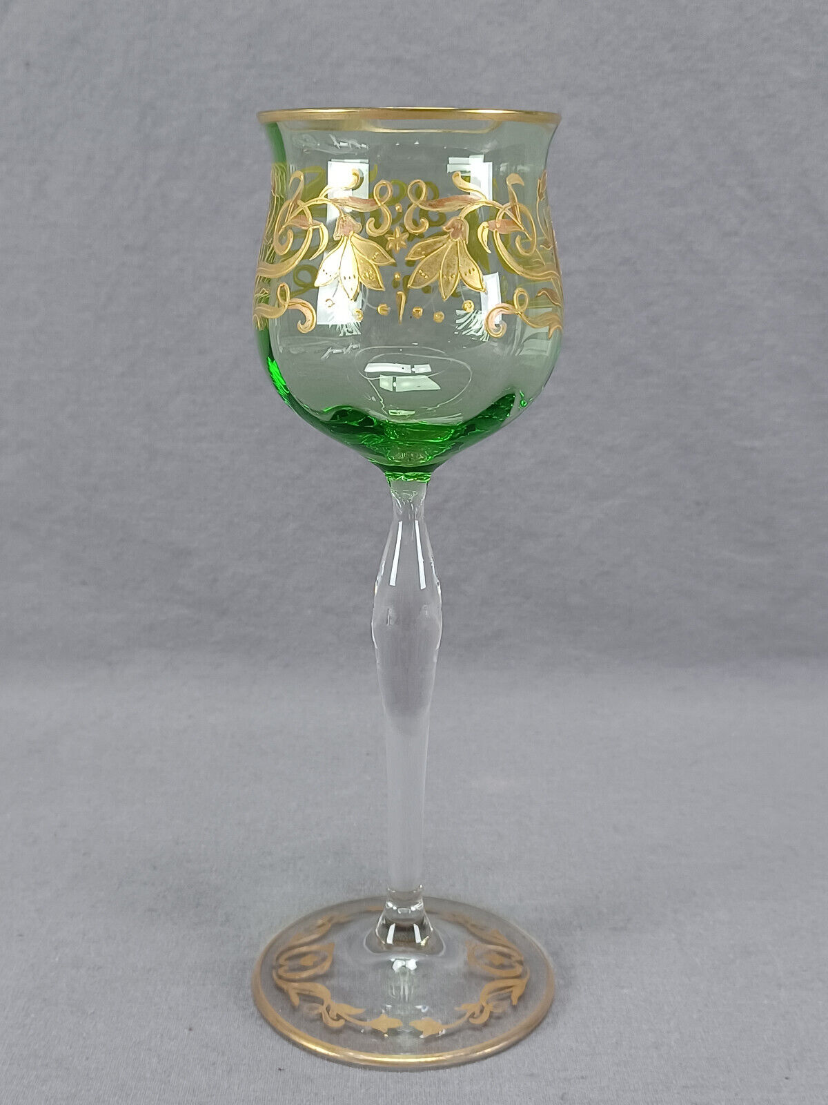 Bohemian Josephinenhutte Raised Gold Art Nouveau Floral Green Hock Wine Glass