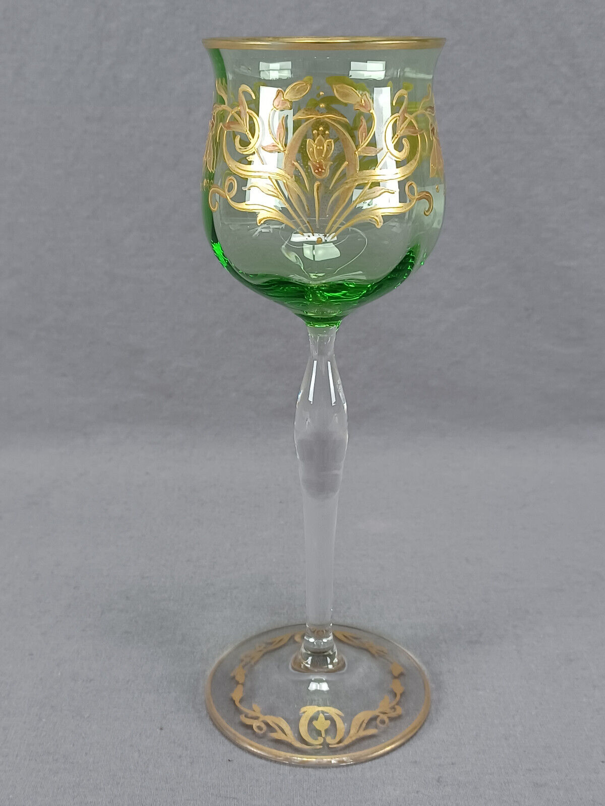 Bohemian Josephinenhutte Raised Gold Art Nouveau Floral Green Hock Wine Glass
